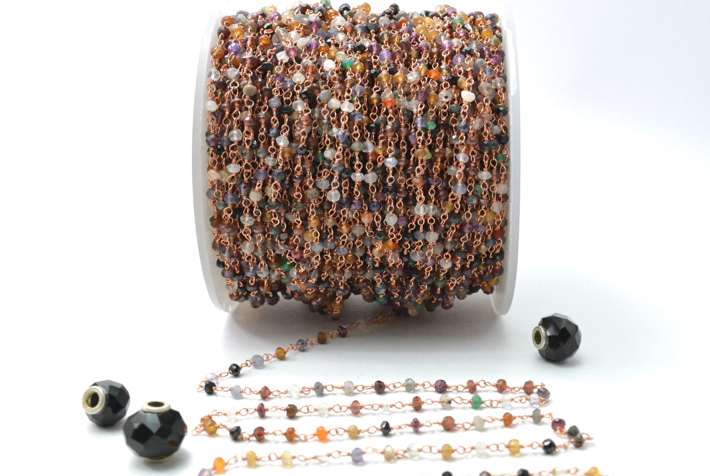 Multi Stone Rosary Chain - 925 Silver Gold, 3mm