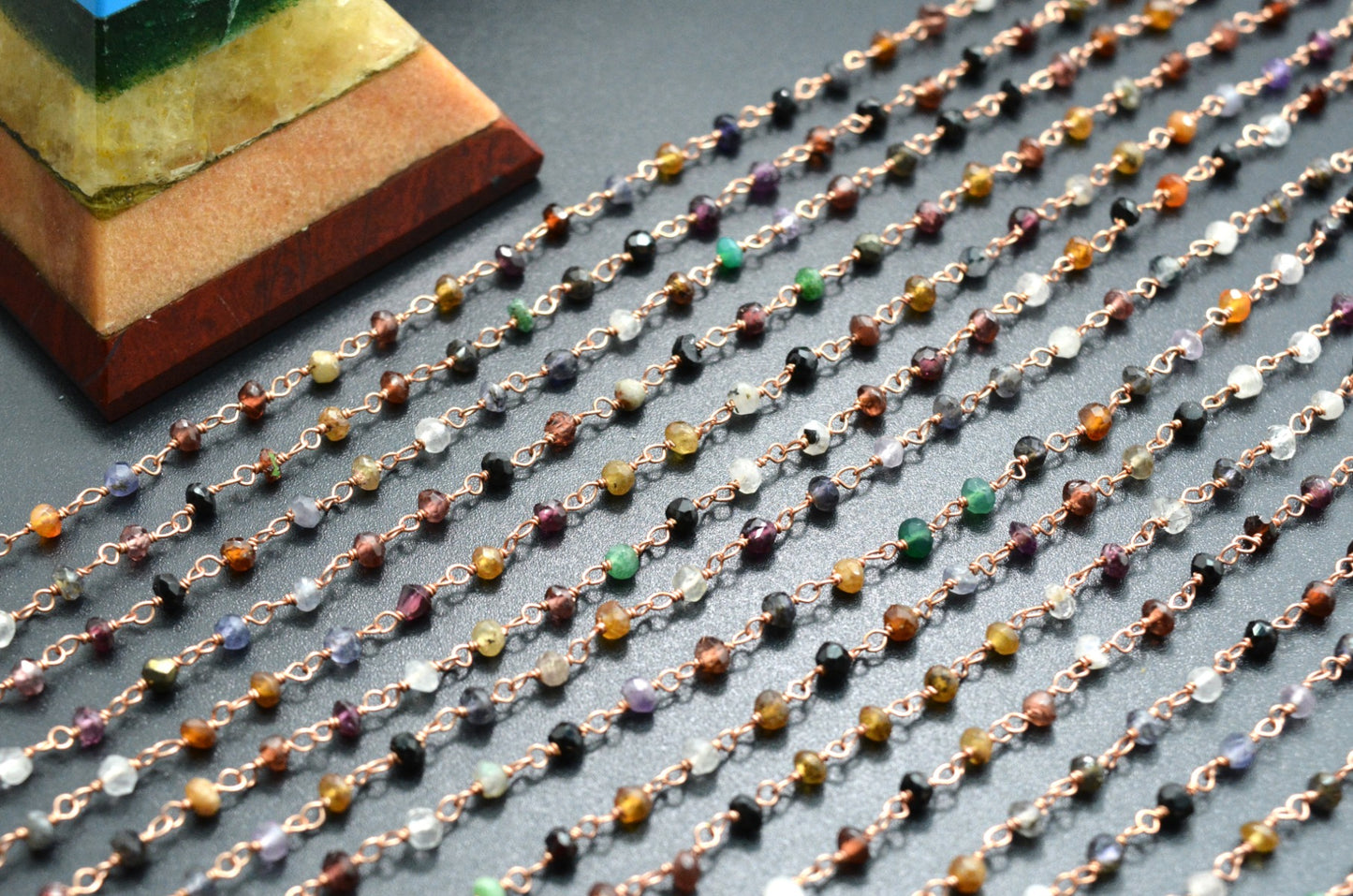 Multi Stone Rosary Chain - 925 Silver Gold, 3mm