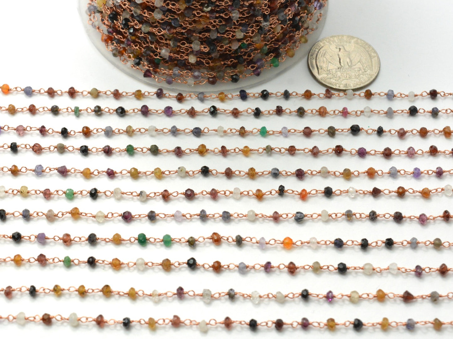 Multi Stone Rosary Chain - 925 Silver Gold, 3mm