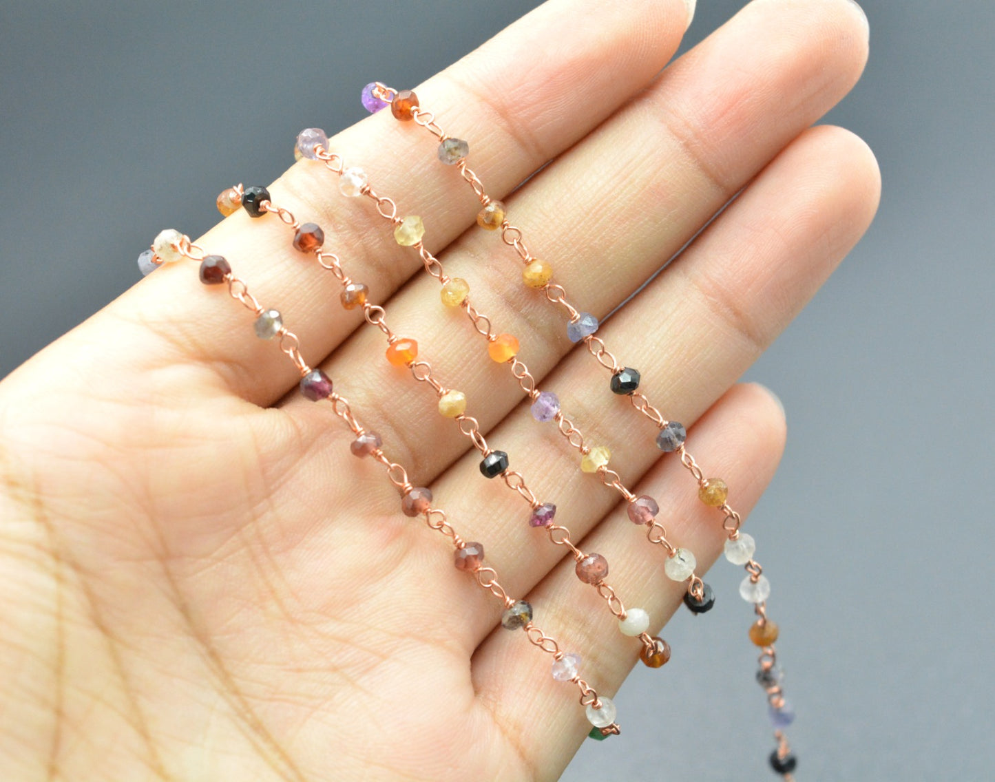 Multi Stone Rosary Chain - 925 Silver Gold, 3mm