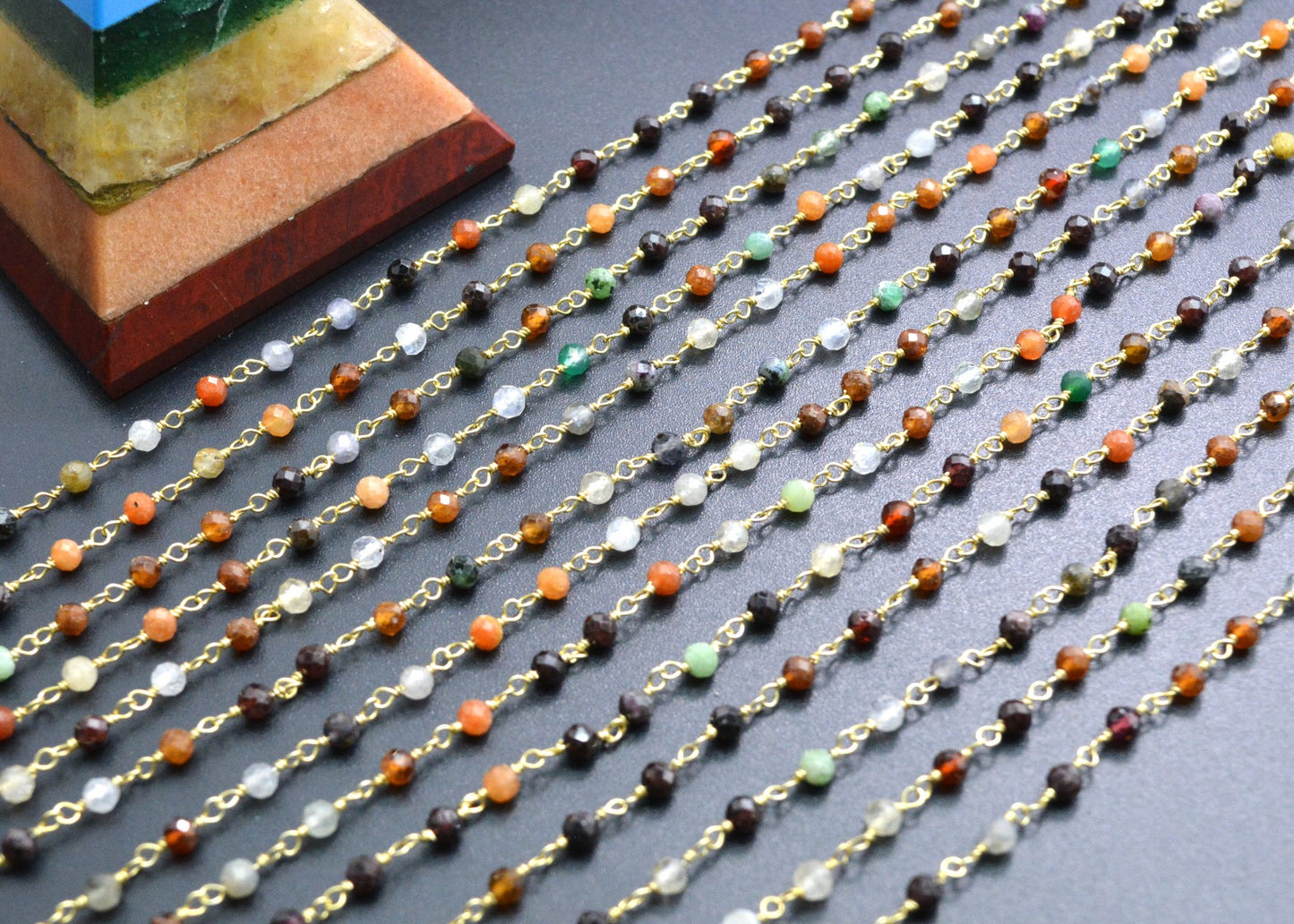 Stylish Multi Stone Rosary Chain in 925 Silver Gold - 3mm