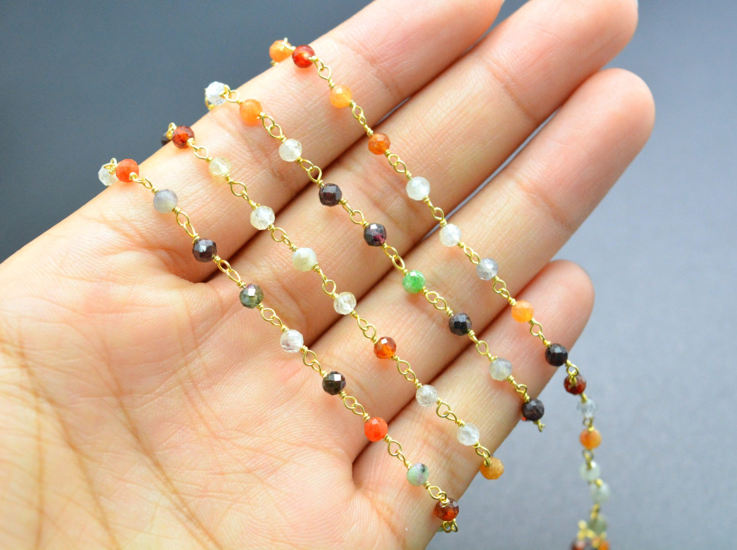 Stylish Multi Stone Rosary Chain in 925 Silver Gold - 3mm