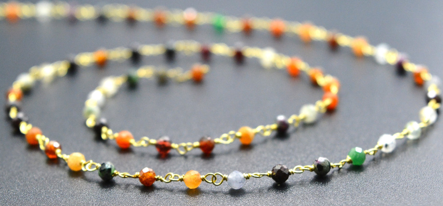 Stylish Multi Stone Rosary Chain in 925 Silver Gold - 3mm