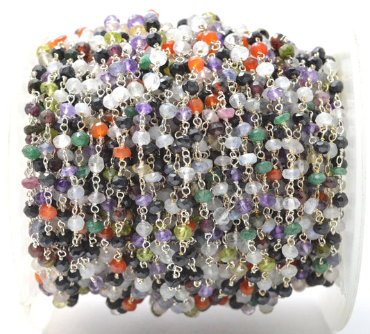 Multi Stone Rosary Chain, 925 Sterling Silver, 3.5mm Faceted - view 3