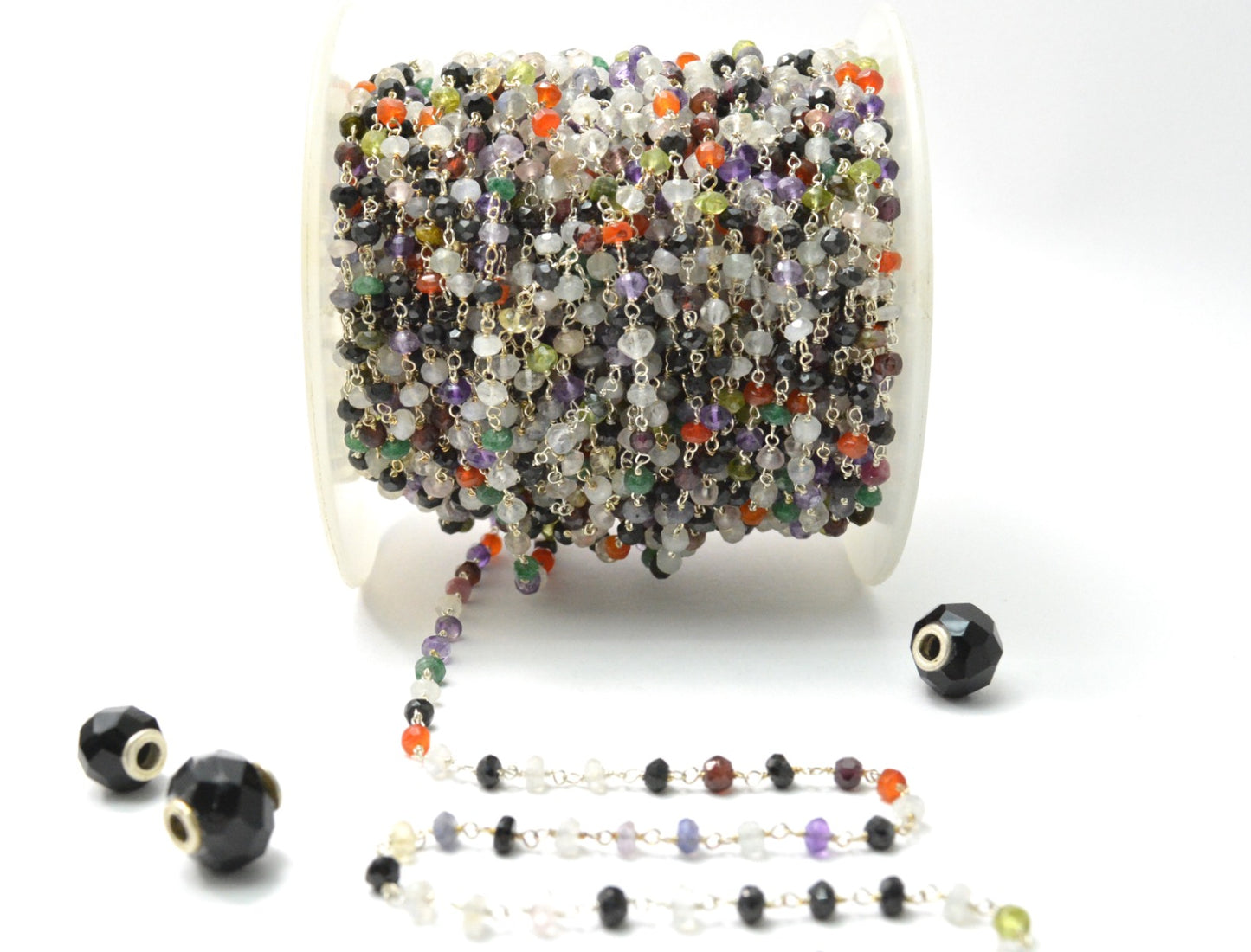 Multi Stone Rosary Chain - 925 Silver Gold, 3.50mm