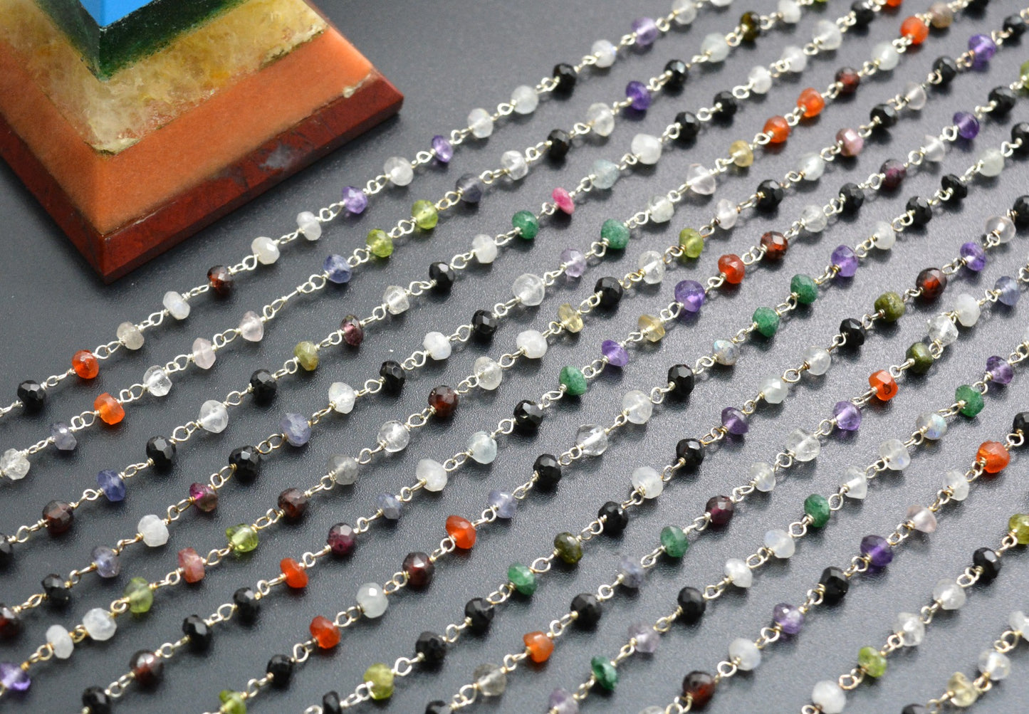 Multi Stone Rosary Chain - 925 Silver Gold, 3.50mm