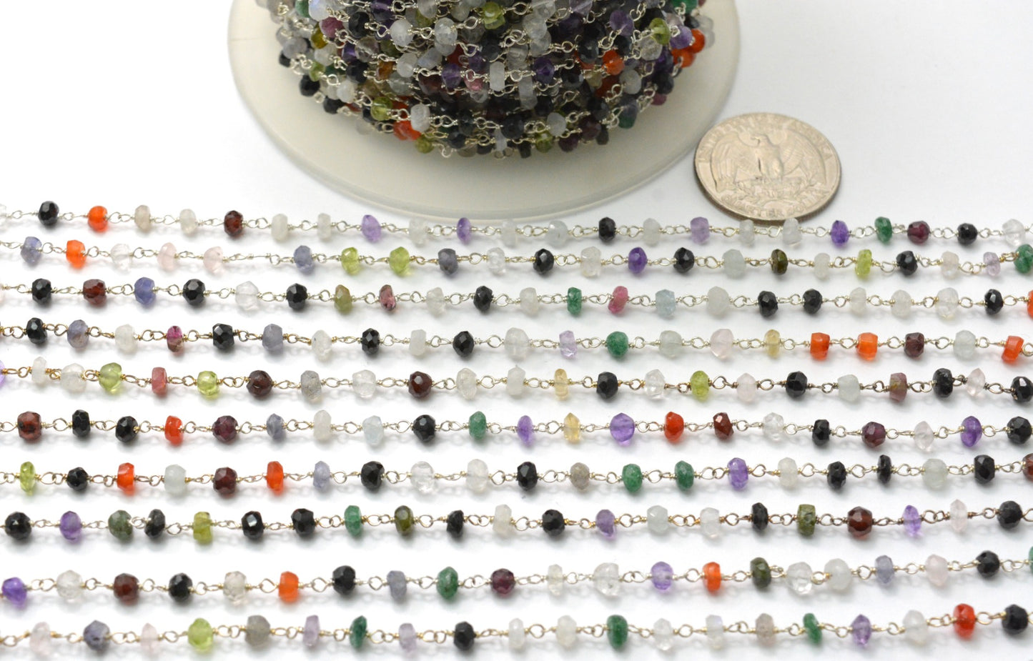 Multi Stone Rosary Chain - 925 Silver Gold, 3.50mm