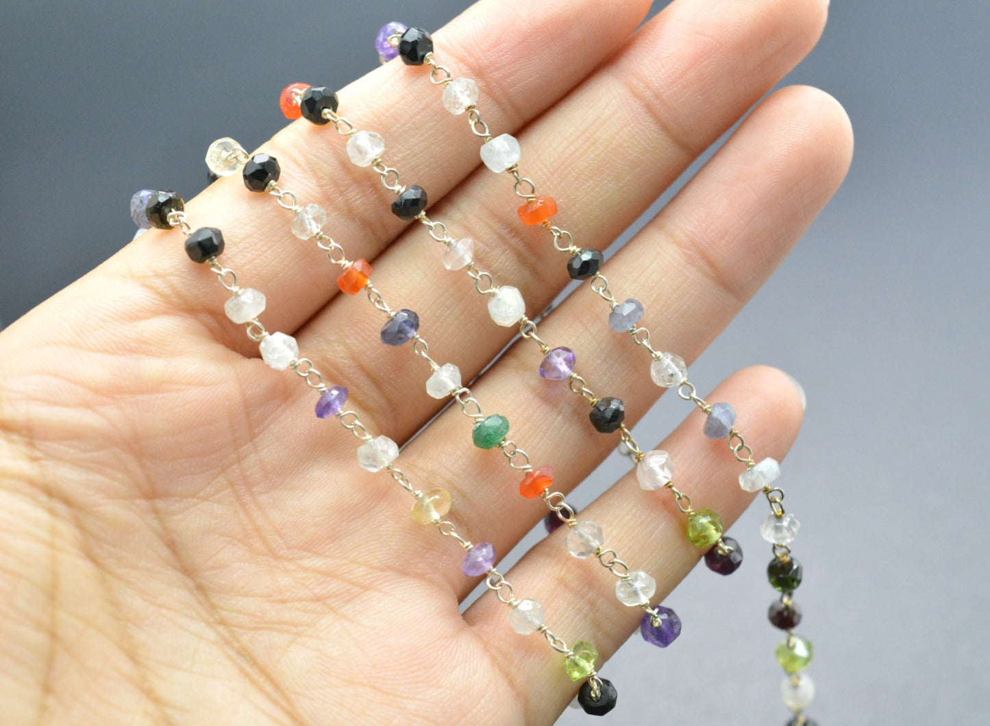 Multi Stone Rosary Chain - 925 Silver Gold, 3.50mm