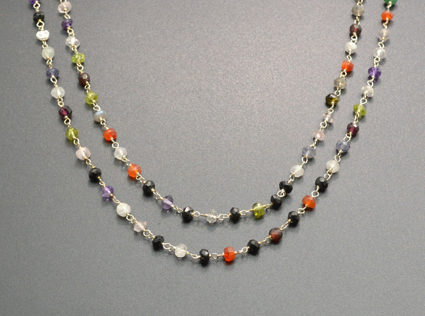 Multi Stone Rosary Chain - 925 Silver Gold, 3.50mm