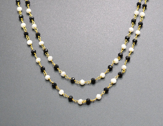 Moonstone & Black Spinel Rosary Chain, 925 Sterling Silver, 3mm Faceted - view 3