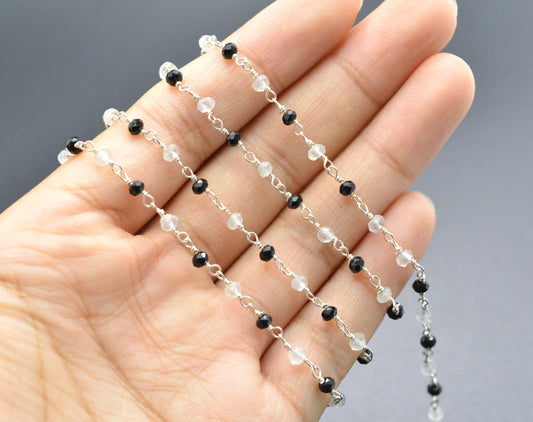 Black Spinel & Crystal Rosary Chain, 925 Sterling Silver, 3mm Faceted - view 3