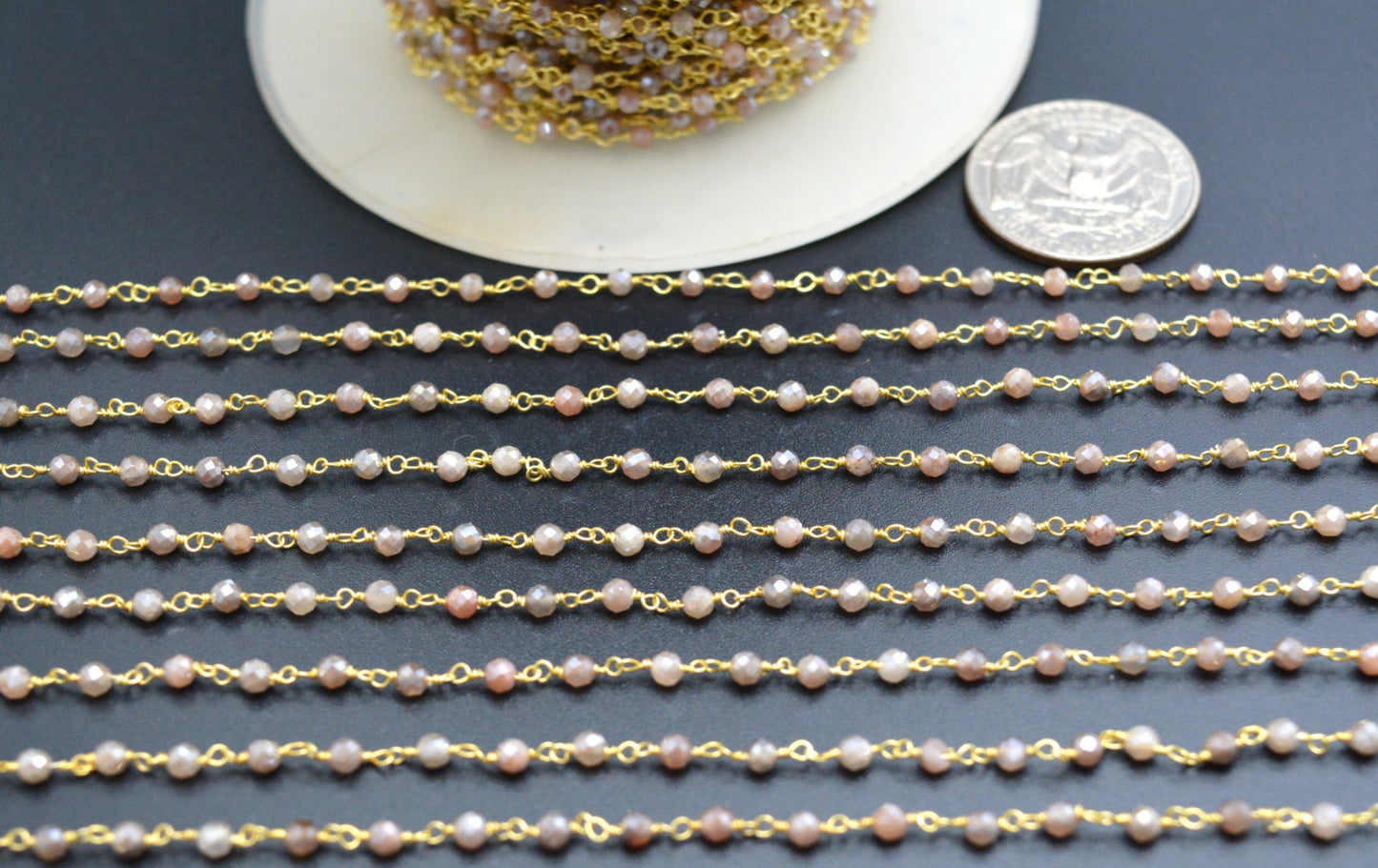 Moonstone Rosary Chain - 925 Silver Gold, 3mm