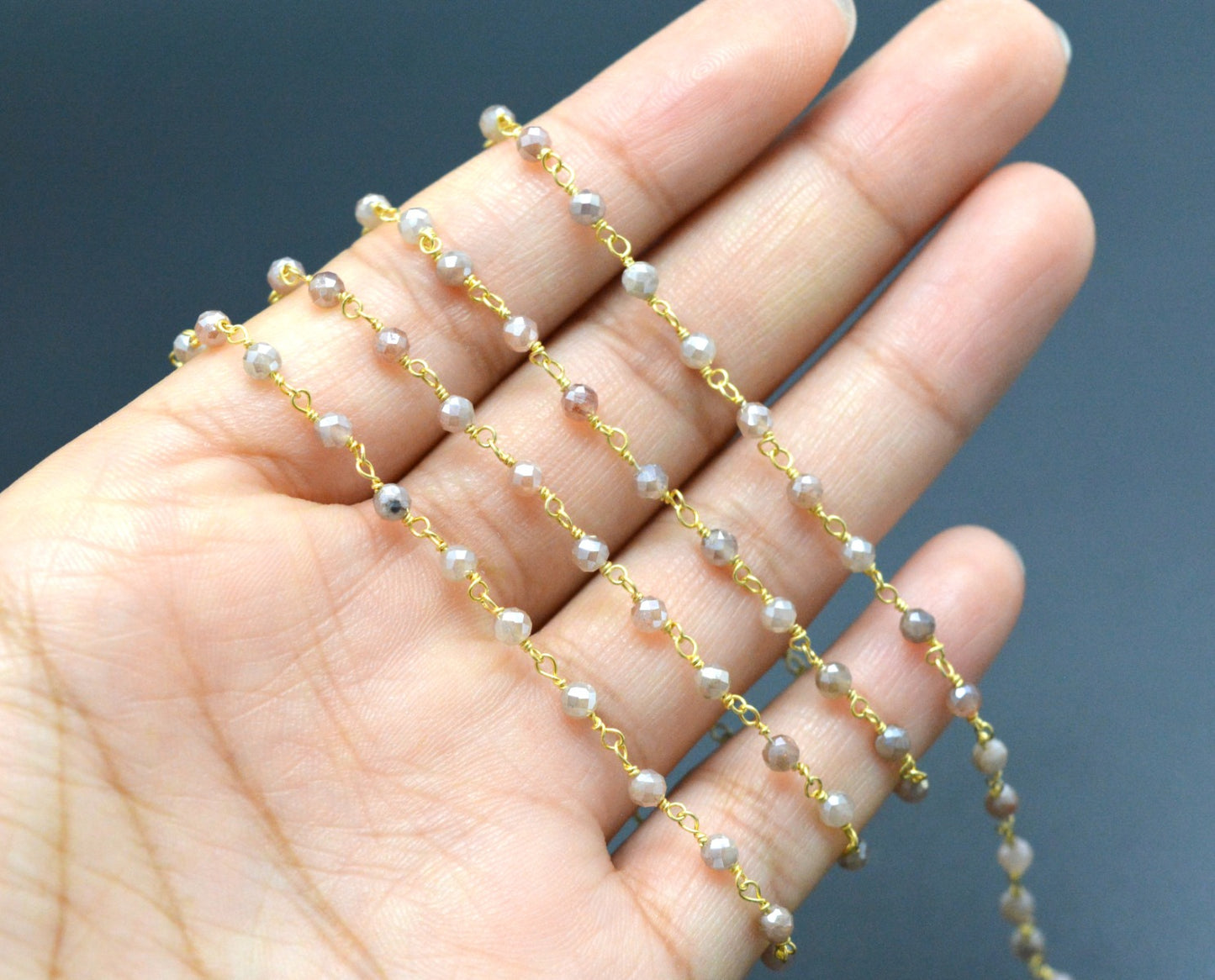 Moonstone Rosary Chain - 925 Silver Gold, 3mm