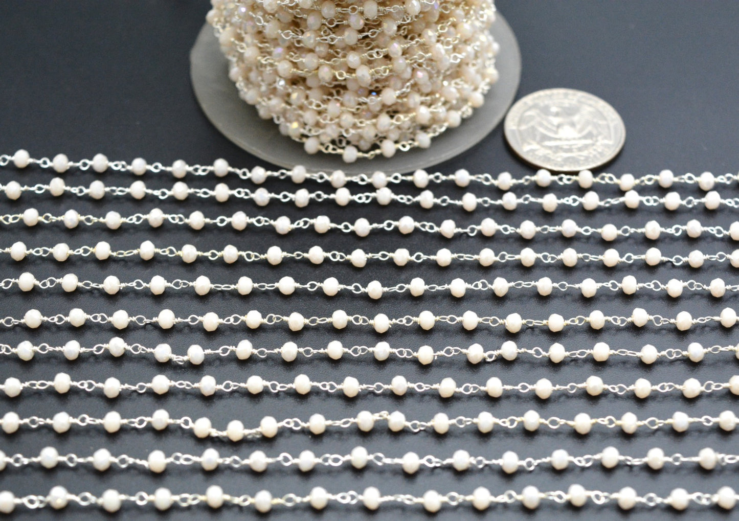 Vintage Stone Rosary Chain in 925 Silver Gold - 3mm