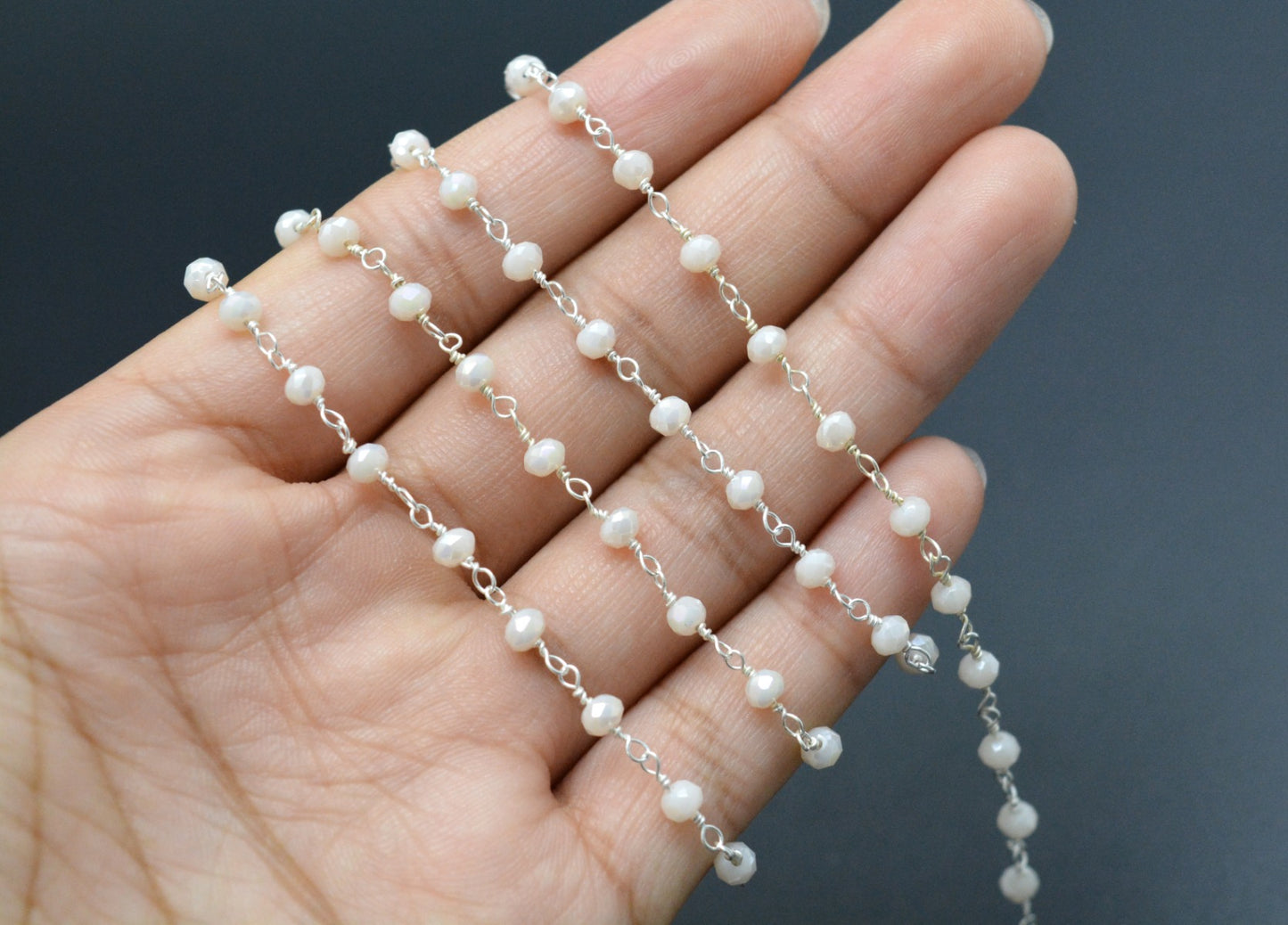 Vintage Stone Rosary Chain in 925 Silver Gold - 3mm