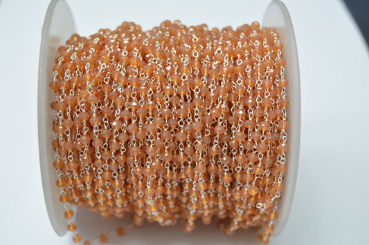 Orange Crystal Coated Rosary Chain, 925 Sterling Silver, 3mm Faceted - view 3