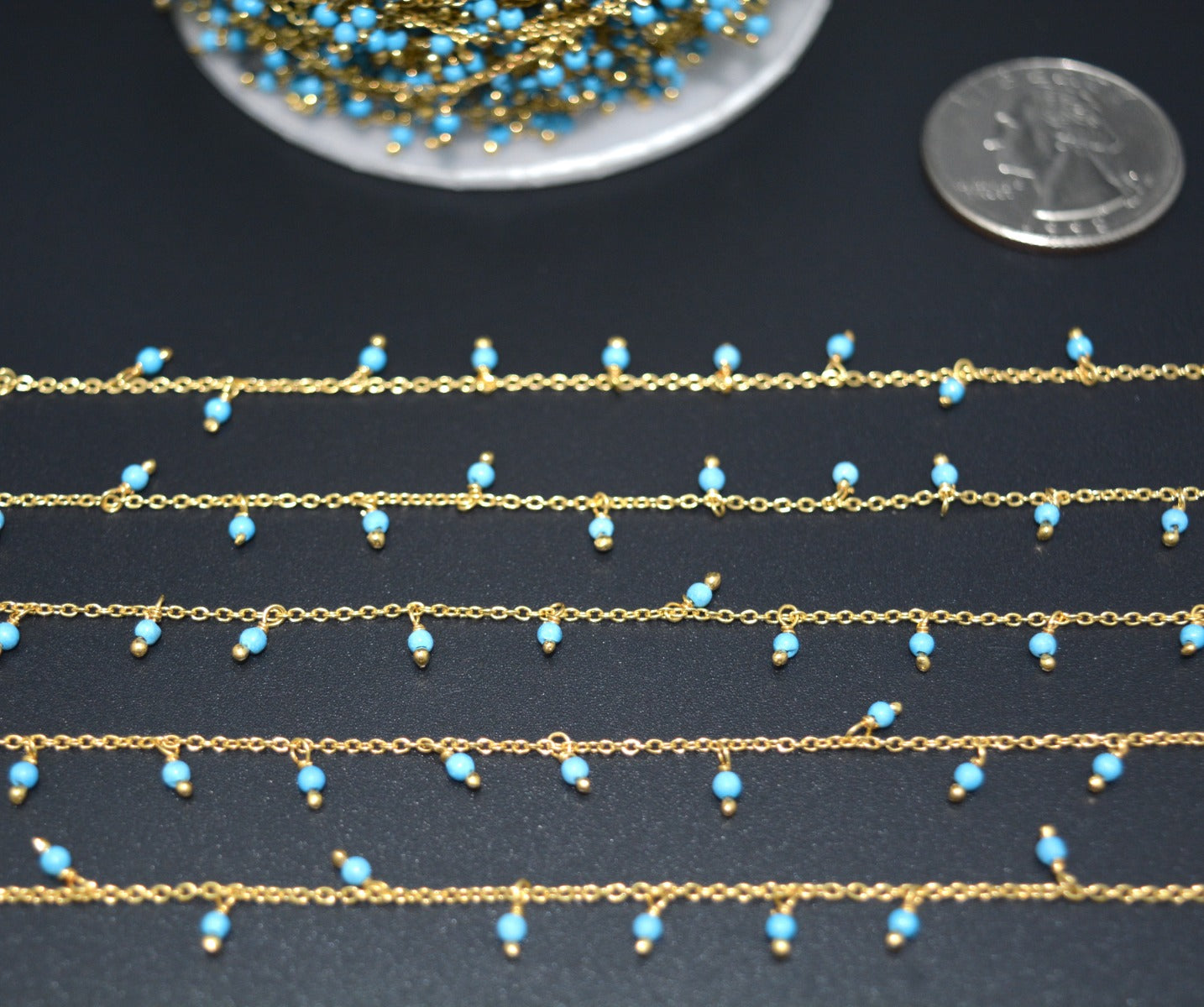 925 Silver Gold Rosary Chain with Turquoise - 2mm