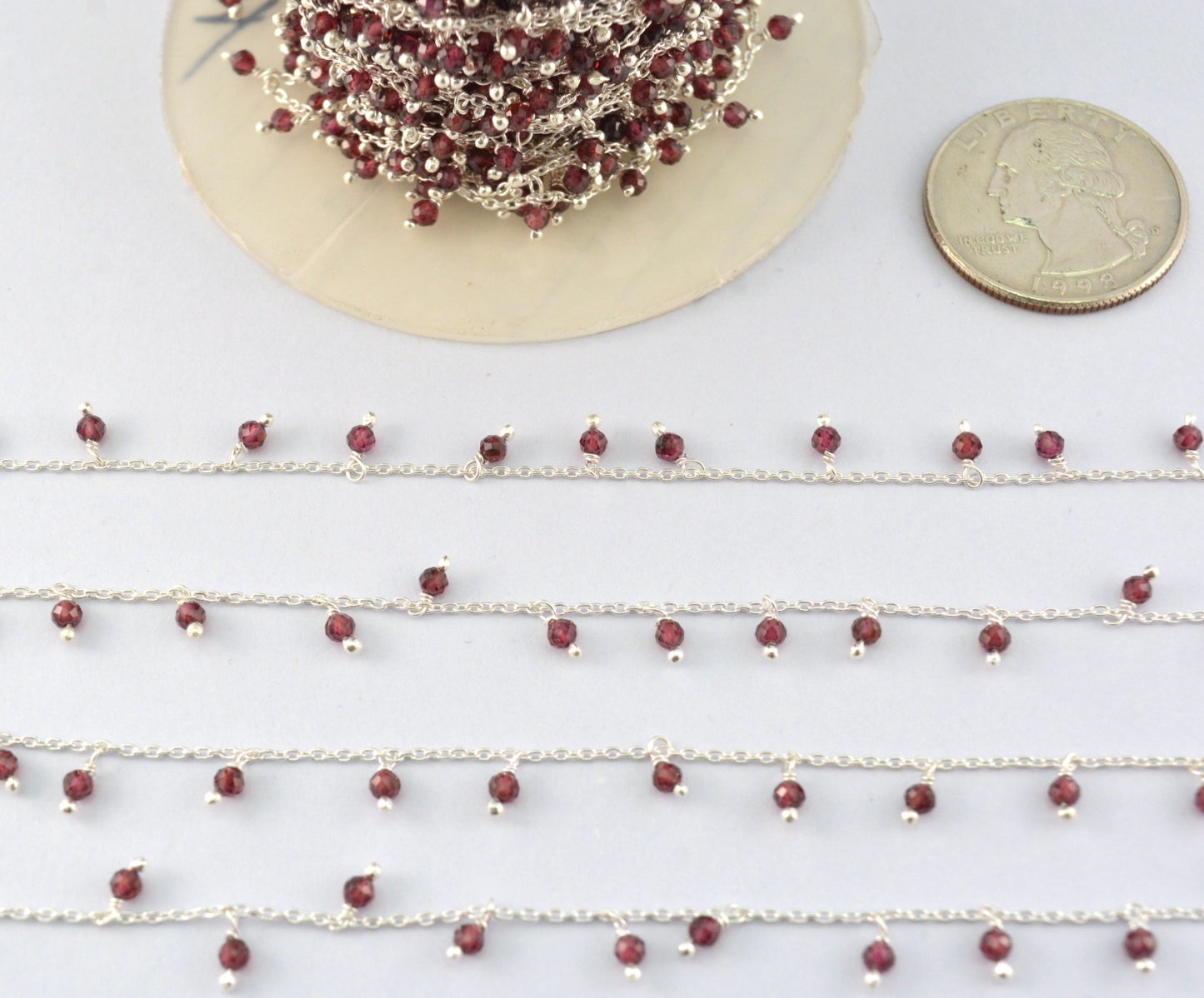 Handmade Garnet Rosary Chain in 925 Silver Gold - 2mm
