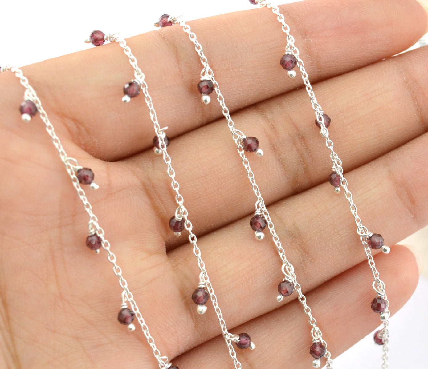 Handmade Garnet Rosary Chain in 925 Silver Gold - 2mm