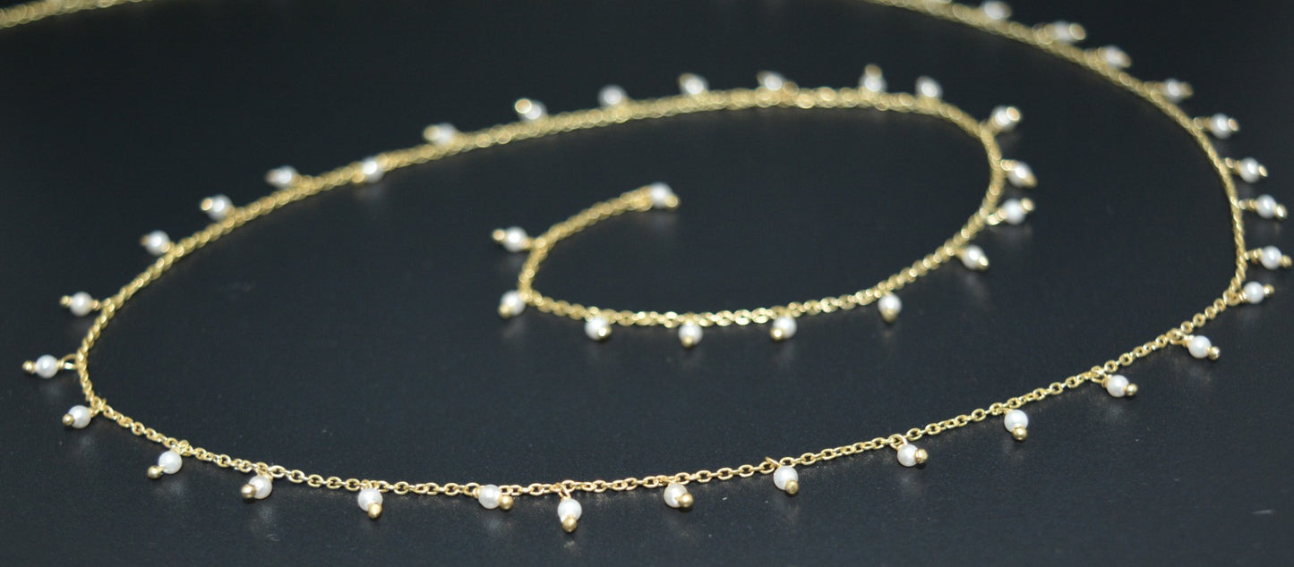 Pearl Rosary Chain - 925 Silver Gold, 2mm