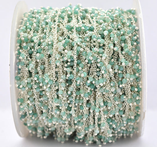Green Moonstone Coated Rosary Chain, 925 Sterling Silver, 2mm Faceted - view 3