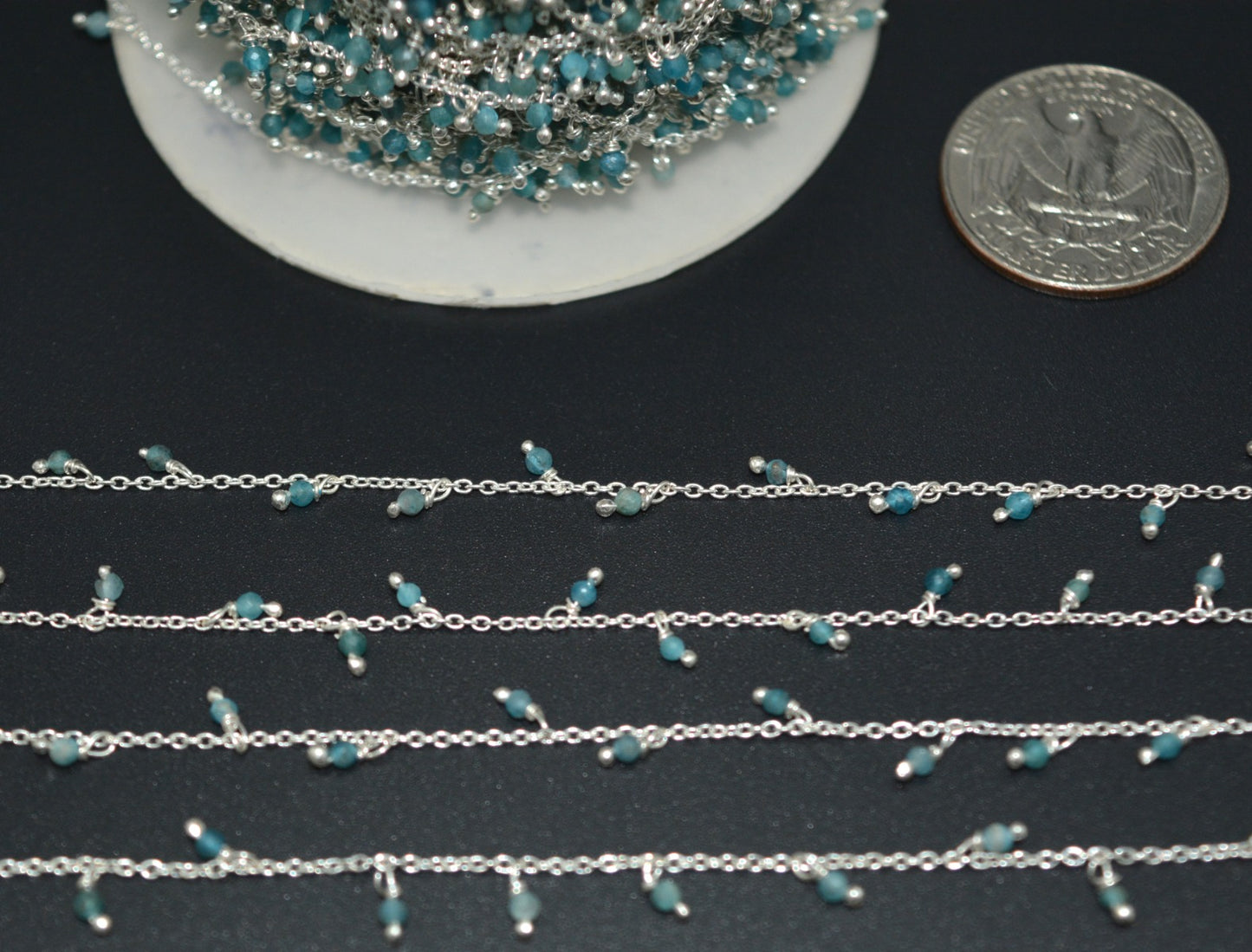 Stunning Rosary Chain - Aquamarine 925 Silver Gold 2mm