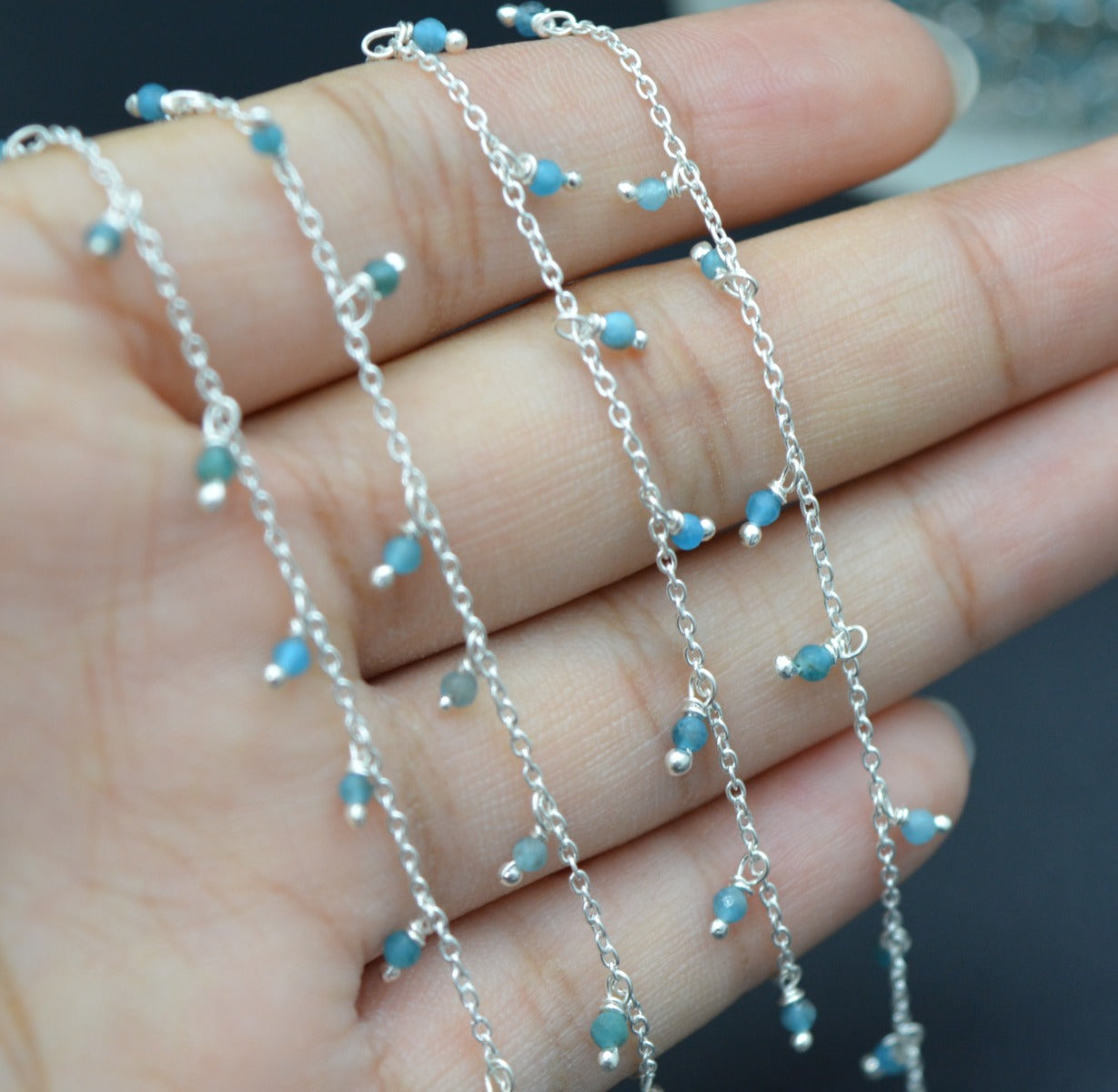 Stunning Rosary Chain - Aquamarine 925 Silver Gold 2mm