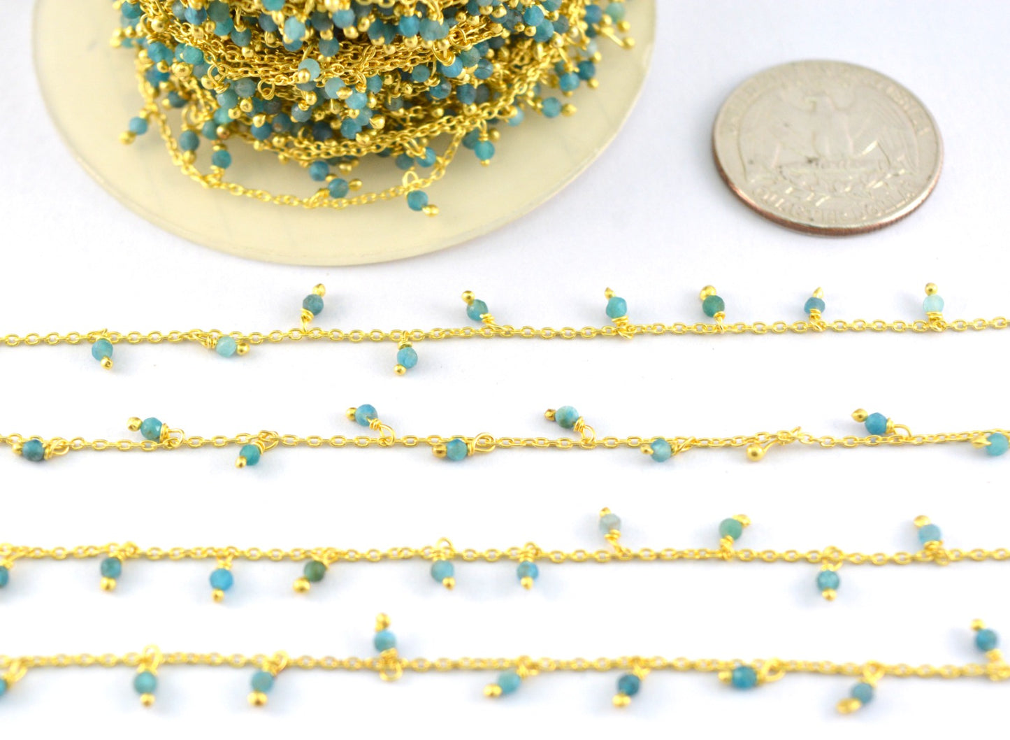 Stunning Rosary Chain - Aquamarine 925 Silver Gold 2mm