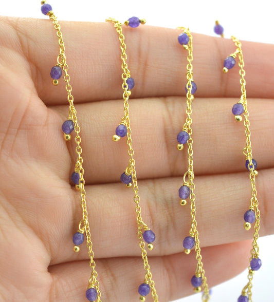 Handmade Amethyst Rosary Chain in 925 Silver Gold - 2mm