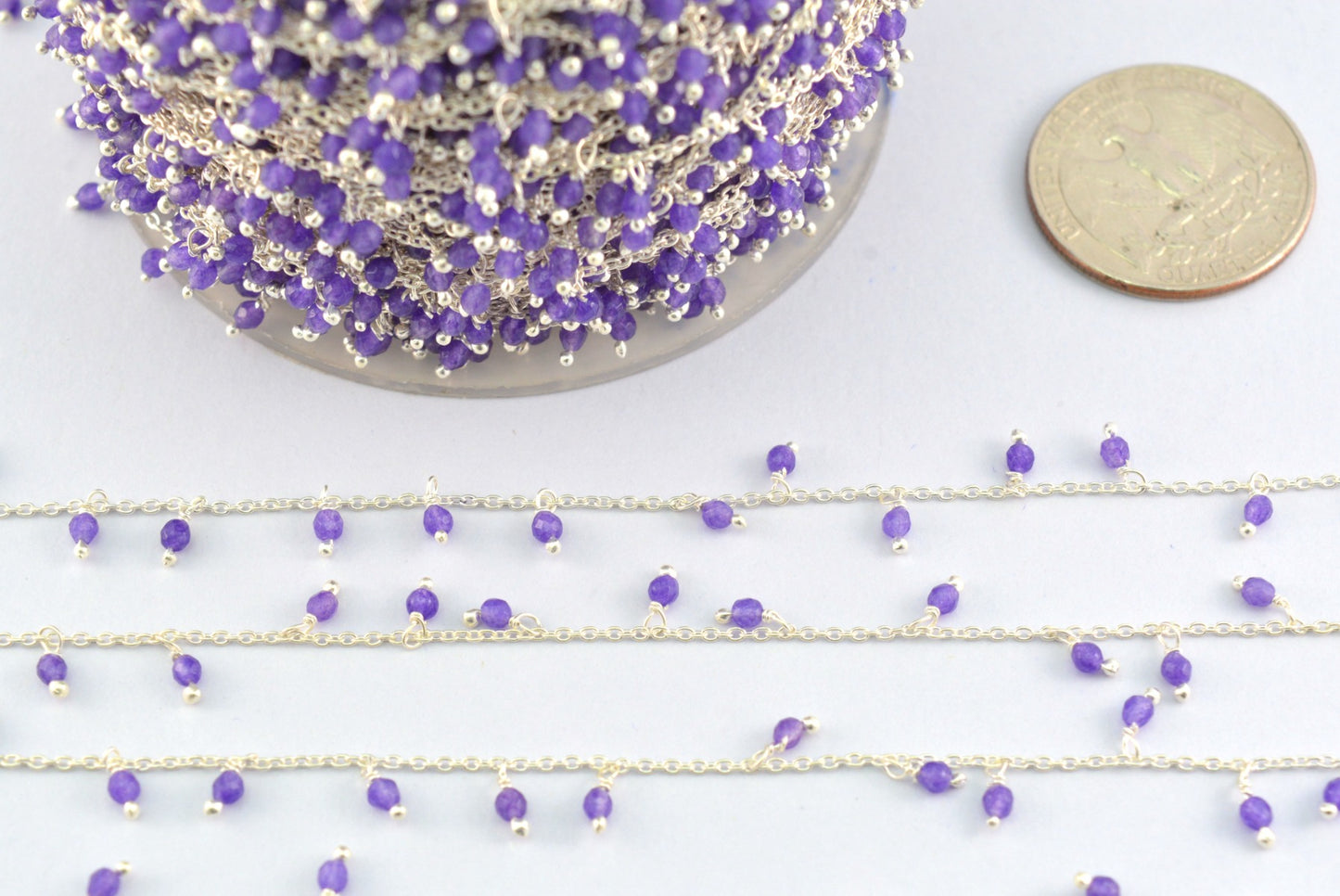 Handmade Amethyst Rosary Chain in 925 Silver Gold - 2mm