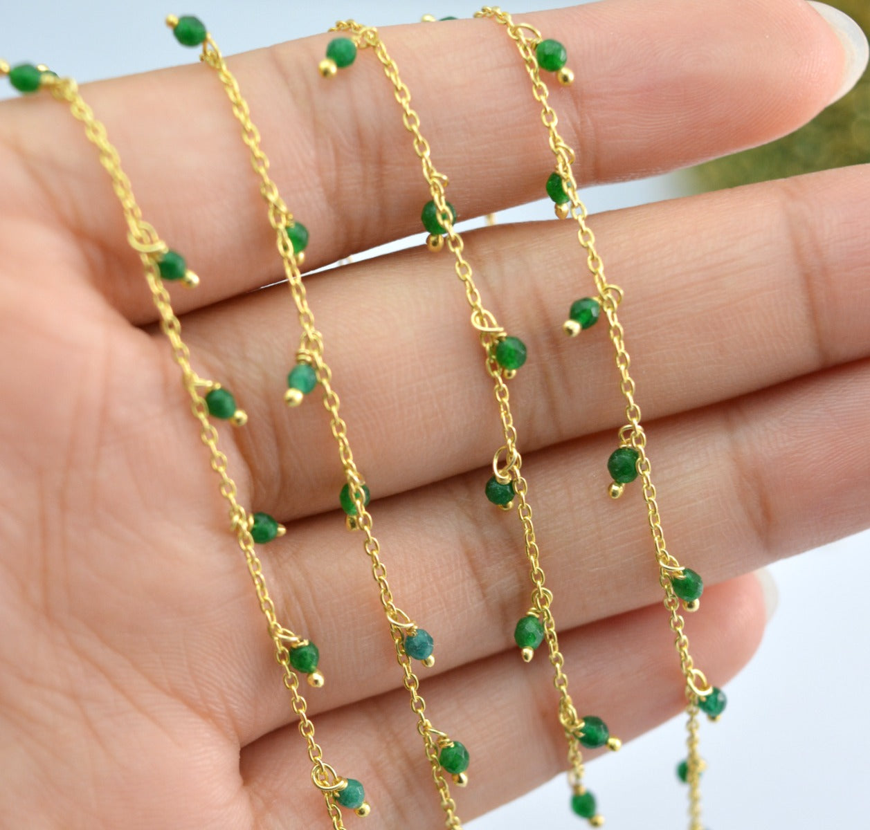 Stylish Emerald Rosary Chain in 925 Silver Gold - 2mm