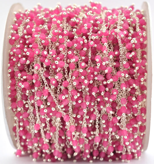 Hot Pink Chalcedony Rosary Chain, 925 Sterling Silver, 2mm Faceted - view 3