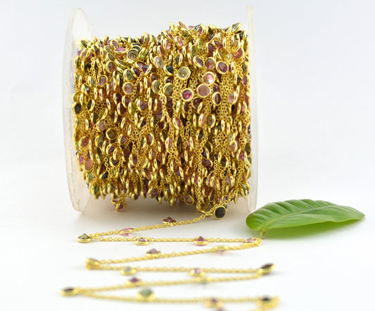 Beautiful Rosary Chain - Tourmaline 925 Silver Gold 4mm