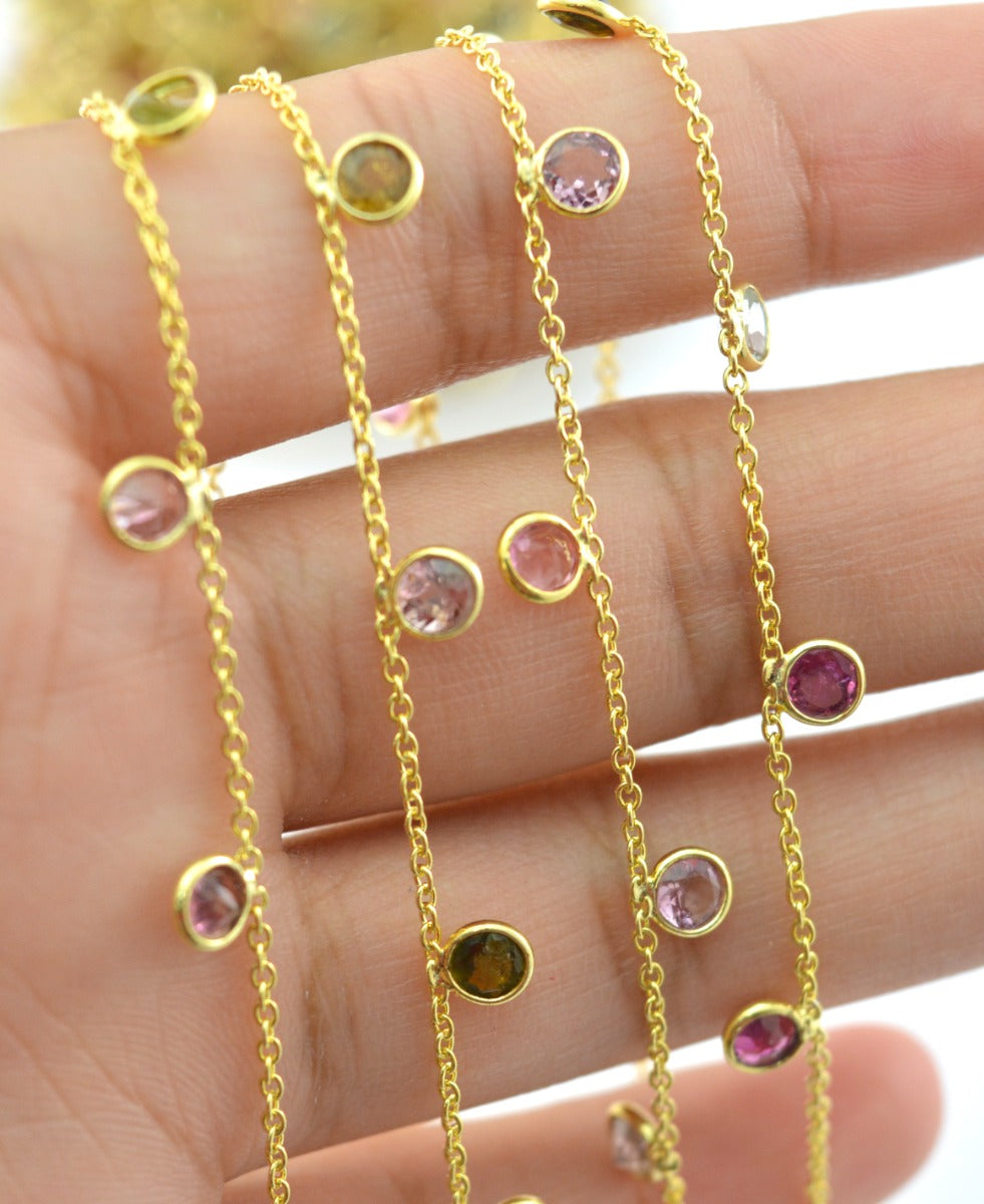 Beautiful Rosary Chain - Tourmaline 925 Silver Gold 4mm