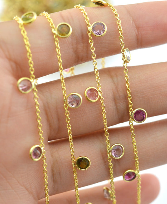Multi Tourmaline Rosary Chain, 925 Sterling Silver, 4mm Faceted - view 3