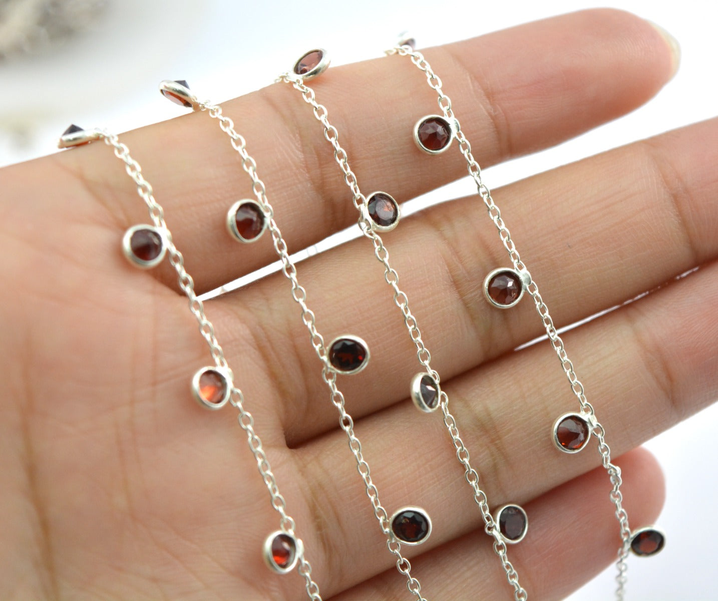 Garnet Rosary Chain - 925 Silver Gold, 3mm