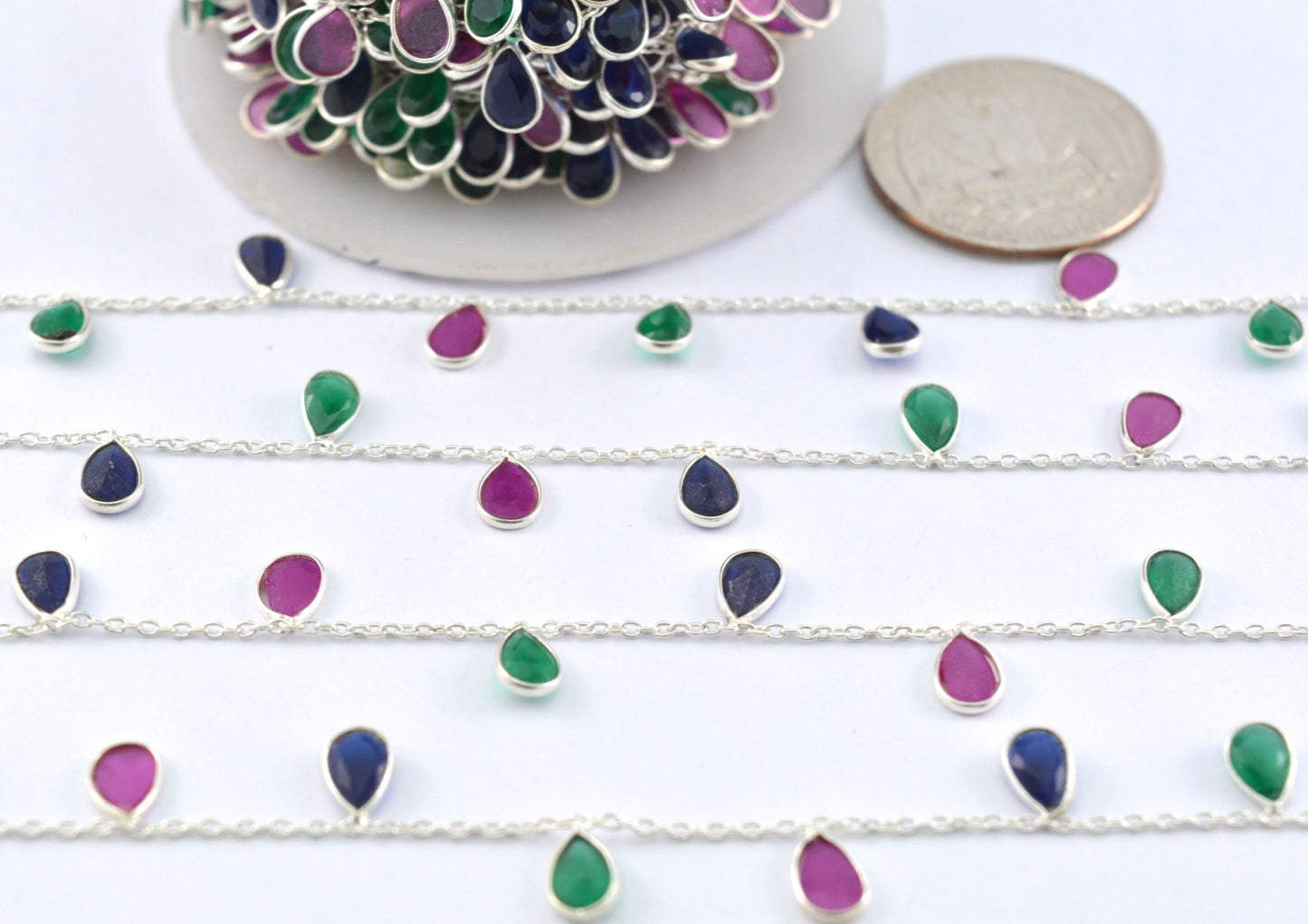 925 Silver Gold Rosary Chain with Emerald - 4.00mm