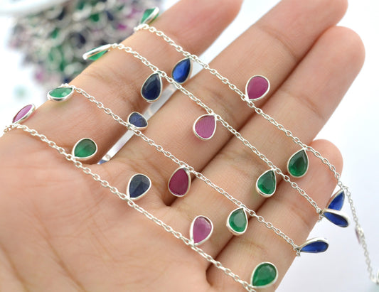 925 Silver Gold Rosary Chain with Emerald - 4.00mm