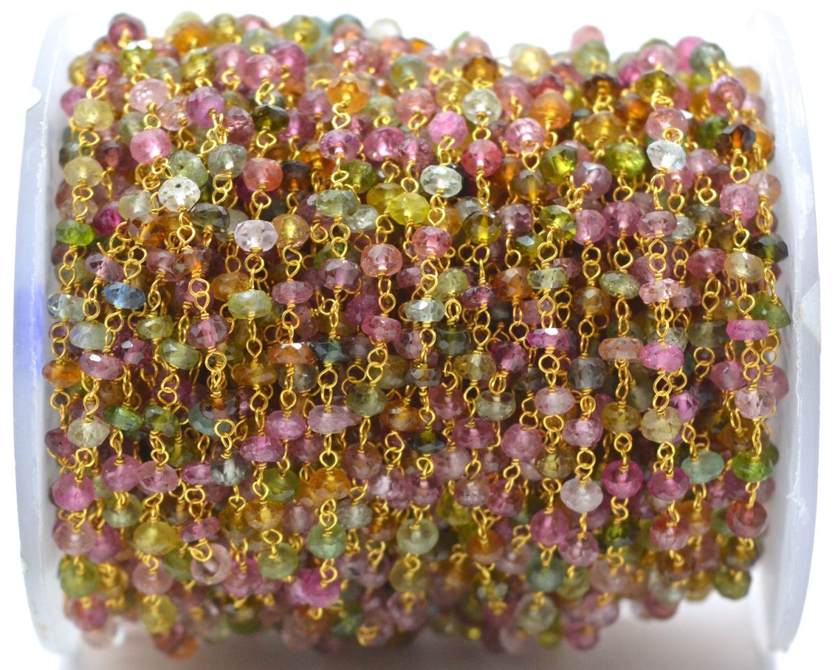 18k Solid yellow Gold Rosary Chain With AAA Quality in Roundel Faceted - Multi Tourmaline, 3mm