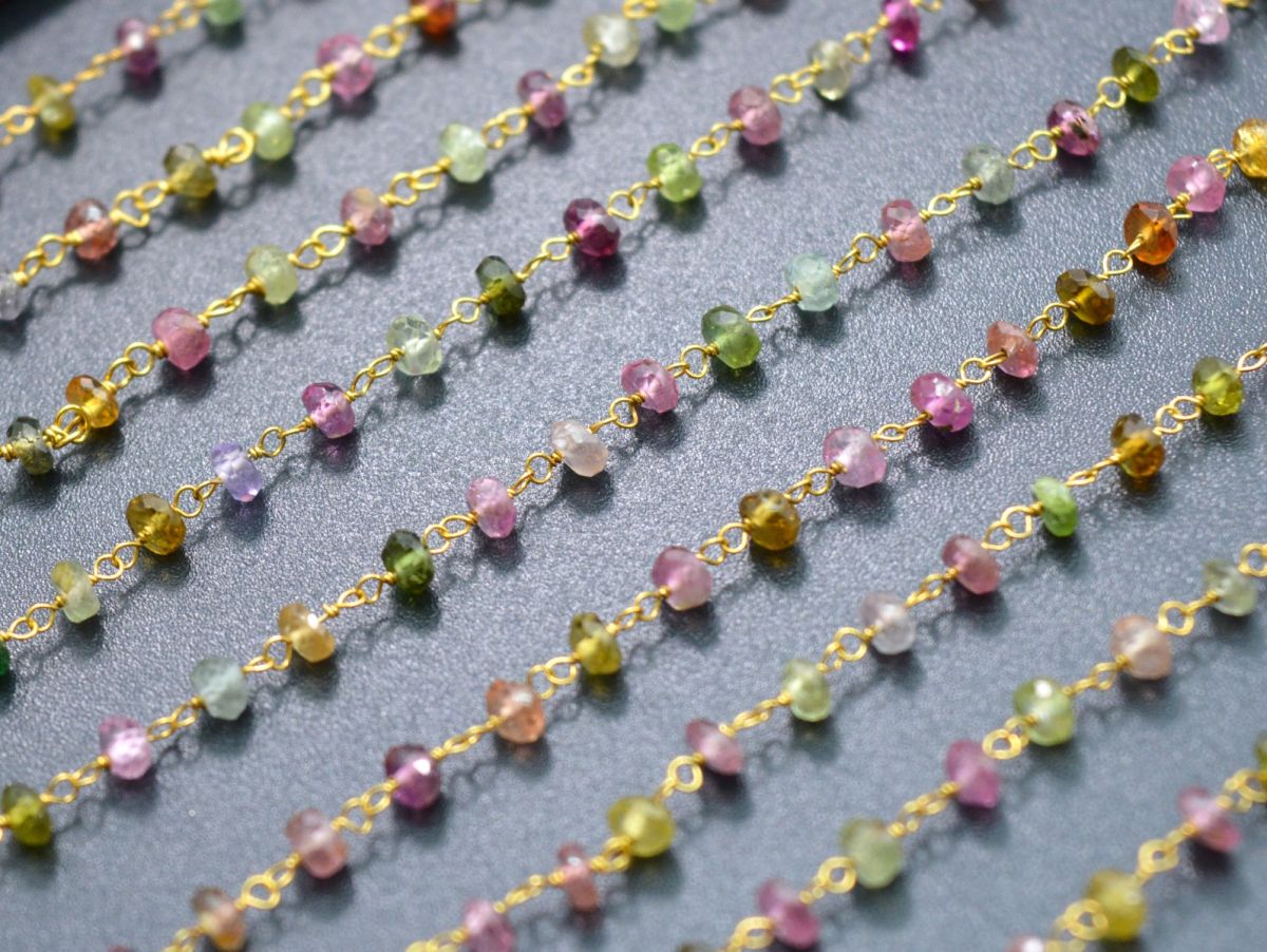 18k Solid yellow Gold Rosary Chain With AAA Quality in Roundel Faceted - Multi Tourmaline, 3mm