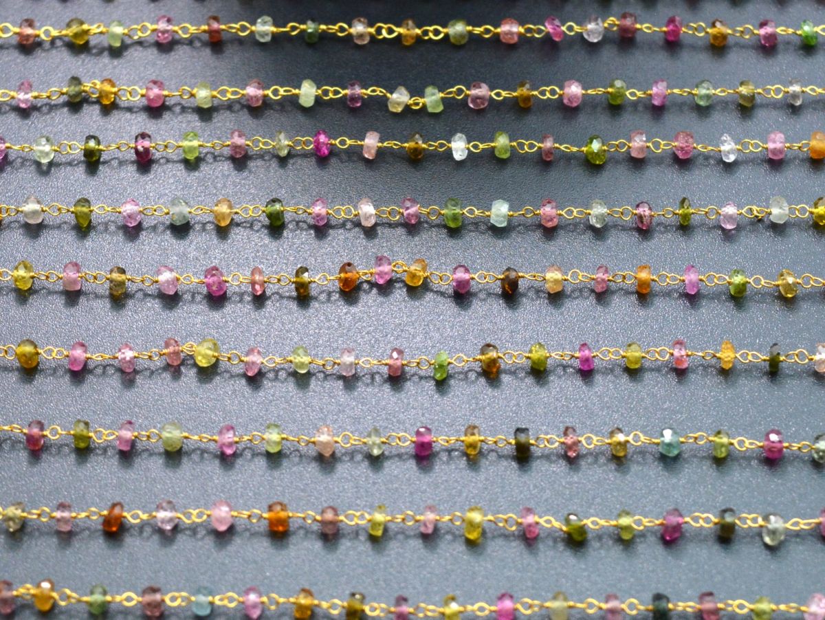 18k Solid yellow Gold Rosary Chain With AAA Quality in Roundel Faceted - Multi Tourmaline, 3mm