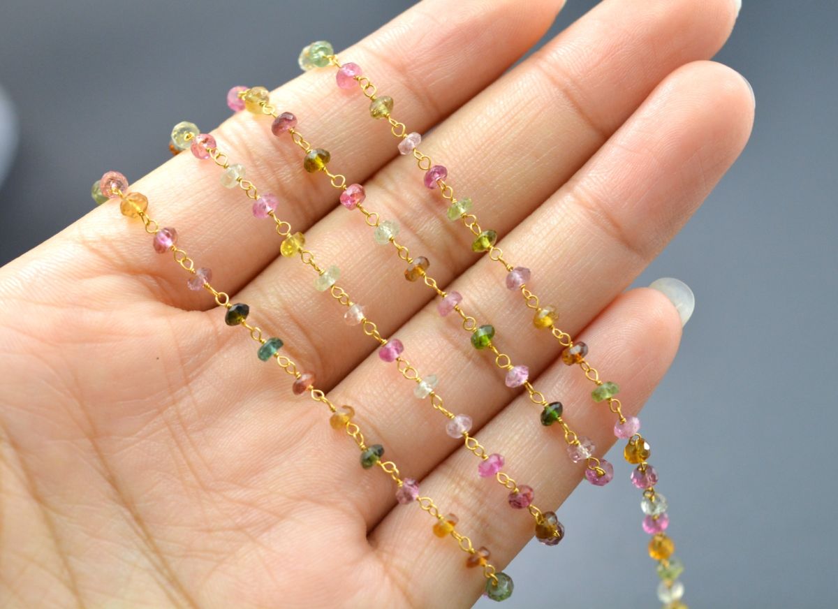 18k Solid yellow Gold Rosary Chain With AAA Quality in Roundel Faceted - Multi Tourmaline, 3mm