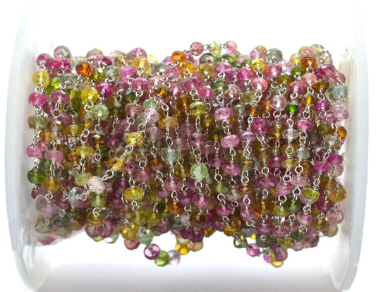 18k Solid White Gold Rosary Chain With Multi Tourmaline Stone 3mm Sold By 1 Inch