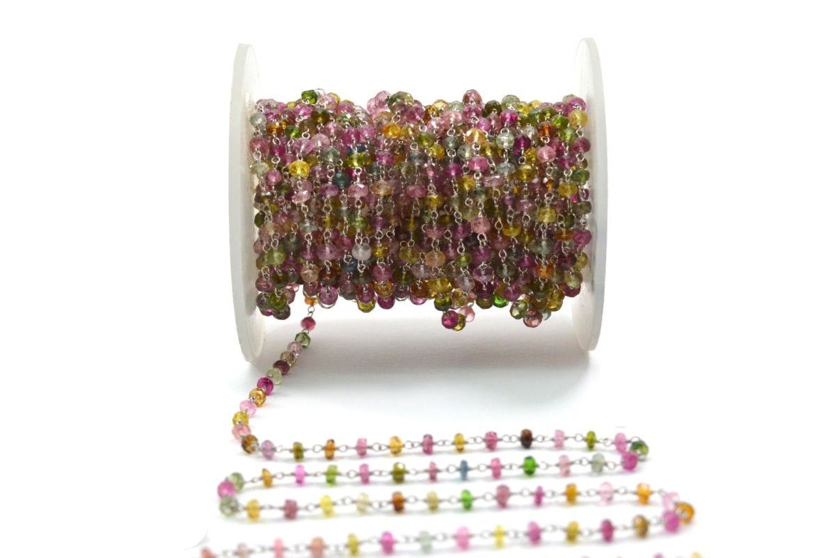 18k Solid White Gold Rosary Chain With Multi Tourmaline Stone 3mm Sold By 1 Inch