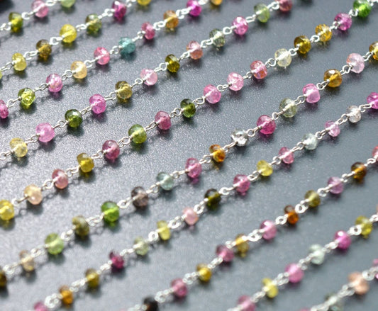 Gorgeous  18k Solid White Gold Rosary Chain  With Multi Tourmaline Stone , 3mm Size -  SGGRC-001B Sold By 1 Inch.