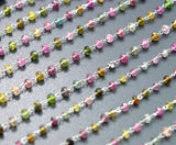 Gorgeous  18k Solid White Gold Rosary Chain  With Multi Tourmaline Stone , 3mm Size -  SGGRC-001B Sold By 1 Inch.