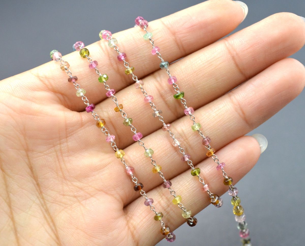 Gorgeous  18k Solid White Gold Rosary Chain  With Multi Tourmaline Stone , 3mm Size -  SGGRC-001B Sold By 1 Inch.