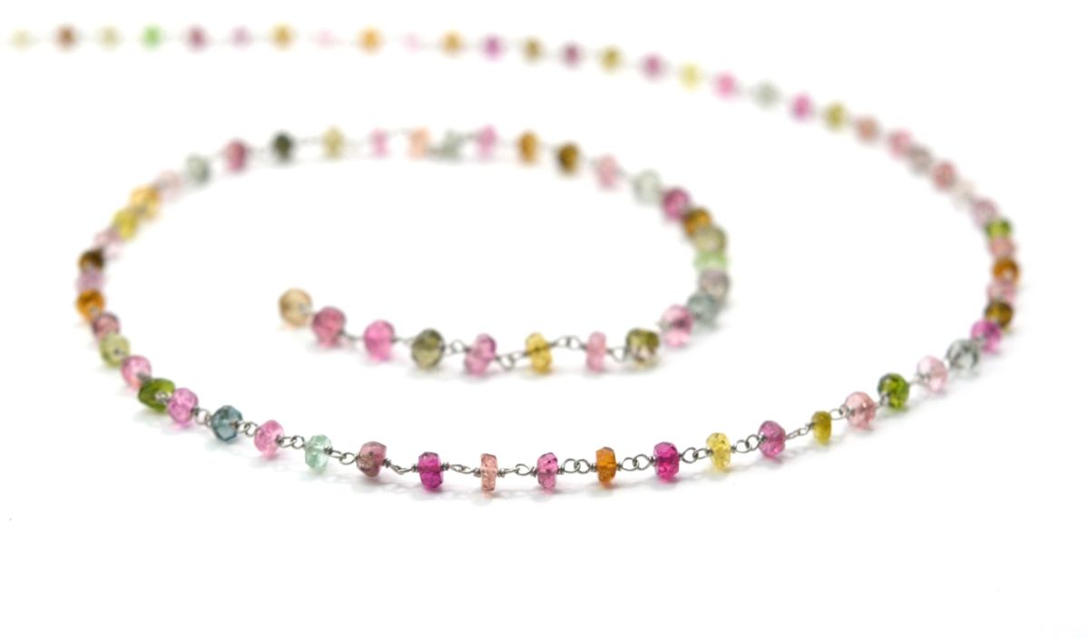 Gorgeous  18k Solid White Gold Rosary Chain  With Multi Tourmaline Stone , 3mm Size -  SGGRC-001B Sold By 1 Inch.
