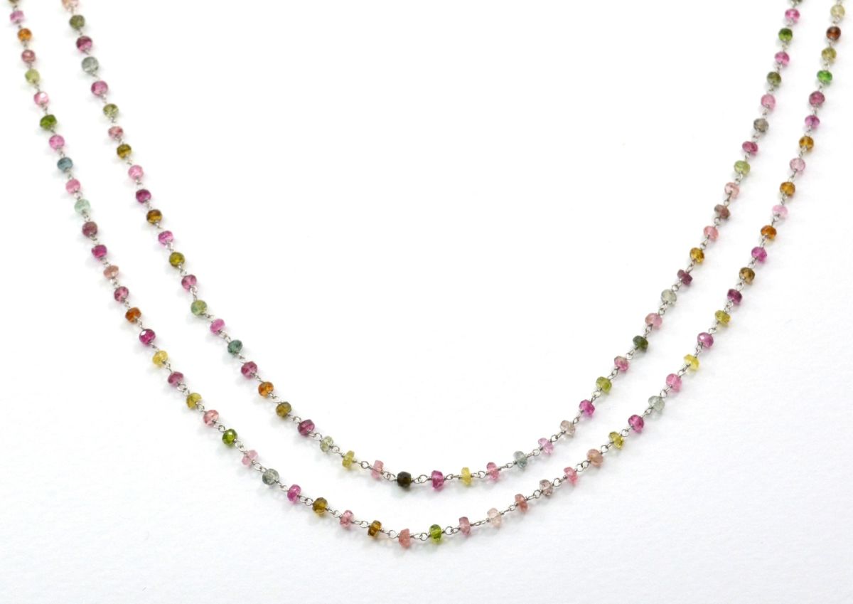 Gorgeous  18k Solid White Gold Rosary Chain  With Multi Tourmaline Stone , 3mm Size -  SGGRC-001B Sold By 1 Inch.