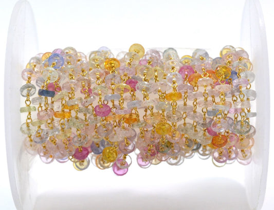 8K Solid Yellow Gold, Gorgeous Handmade Wire Wrapped with AAA Quality Coin Faceted Natural Multi Sapphire Beads. Shape 4 MM Rosary Chain.